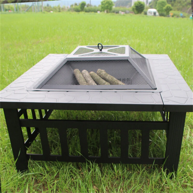 (image for) [USA Direct] Fire Pit 32'' Wood Burning Firepit Metal Square Outdoor Fire Tables SteelFire Pit Bowl with Spark Screen Cover, Poker Log Grate for Patio Camping Backyard Garden Picnic, 8866